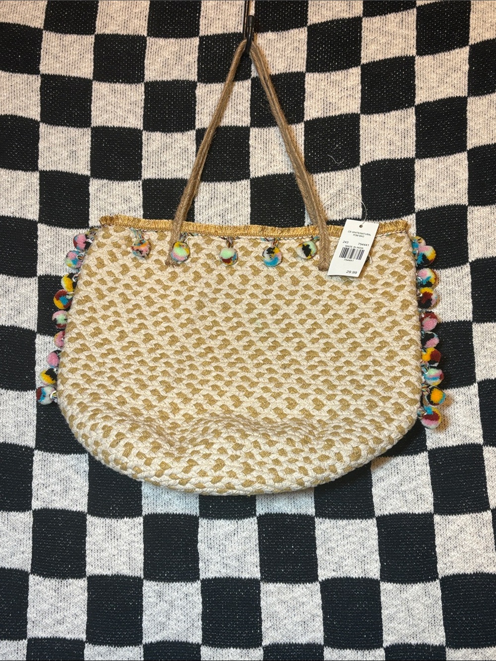 NWT Woven Round Beachy Boho Bag with Pom Pom Trim